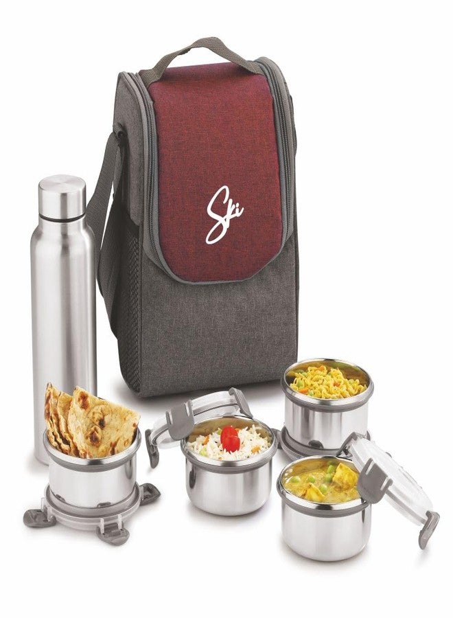 SKi Homeware Lunch Mate- 4 Steel Clip-Lock containers 350ML Each and 750ML Stainless Steel Bottle and a Steel Spoon, in a Washable Fabric Bag (Red & Grey) - Image 1