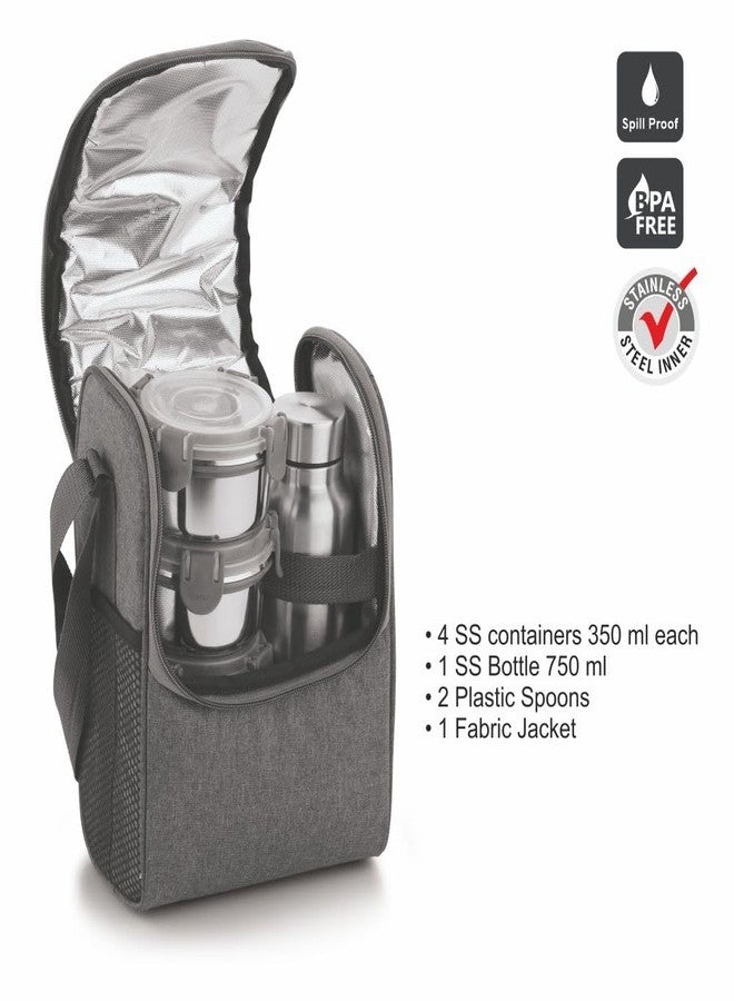 SKi Homeware Lunch Mate- 4 Steel Clip-Lock containers 350ML Each and 750ML Stainless Steel Bottle and a Steel Spoon, in a Washable Fabric Bag (Red & Grey) - Image 4