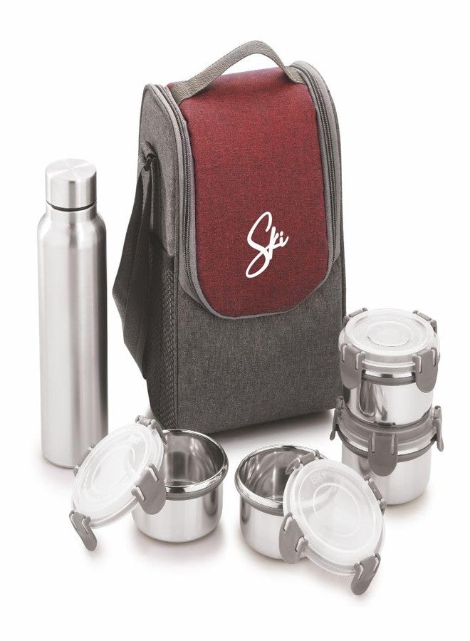 SKi Homeware Lunch Mate- 4 Steel Clip-Lock containers 350ML Each and 750ML Stainless Steel Bottle and a Steel Spoon, in a Washable Fabric Bag (Red & Grey) - Image 2