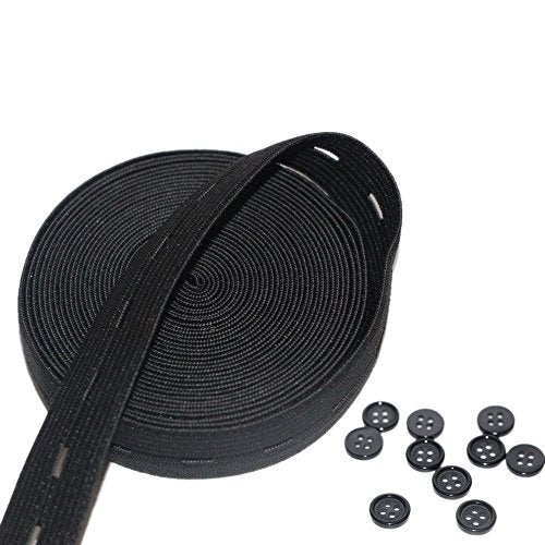 RERIVER RERIVER Button hole Elastic Spool 3/4-Inch Wide Knit Stretch Band and 10pcs Resin Buttons,Black  - Image 1