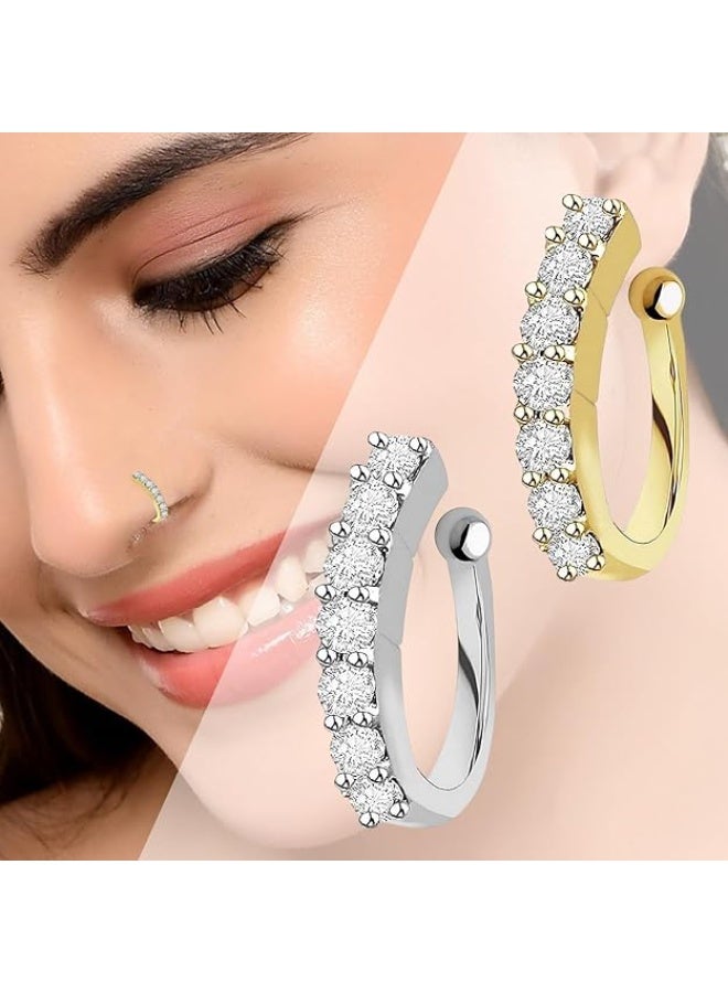 VAMA FASHIONS Clip on Nosepin Without Piercing Pressing Type Nose rings Stud for Women - Combo 2pcs Gold & Silver - Image 4