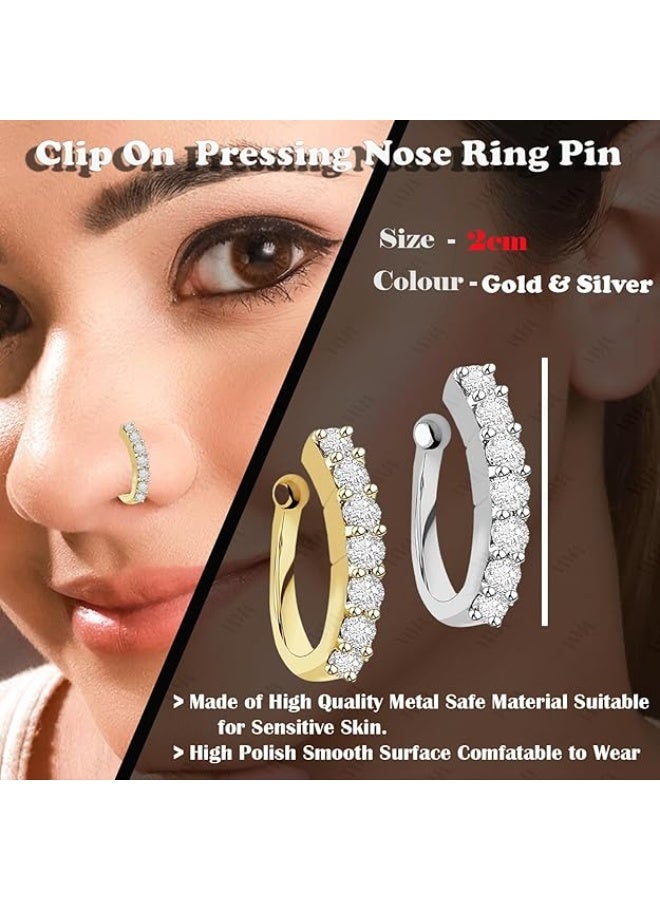 VAMA FASHIONS Clip on Nosepin Without Piercing Pressing Type Nose rings Stud for Women - Combo 2pcs Gold & Silver - Image 2