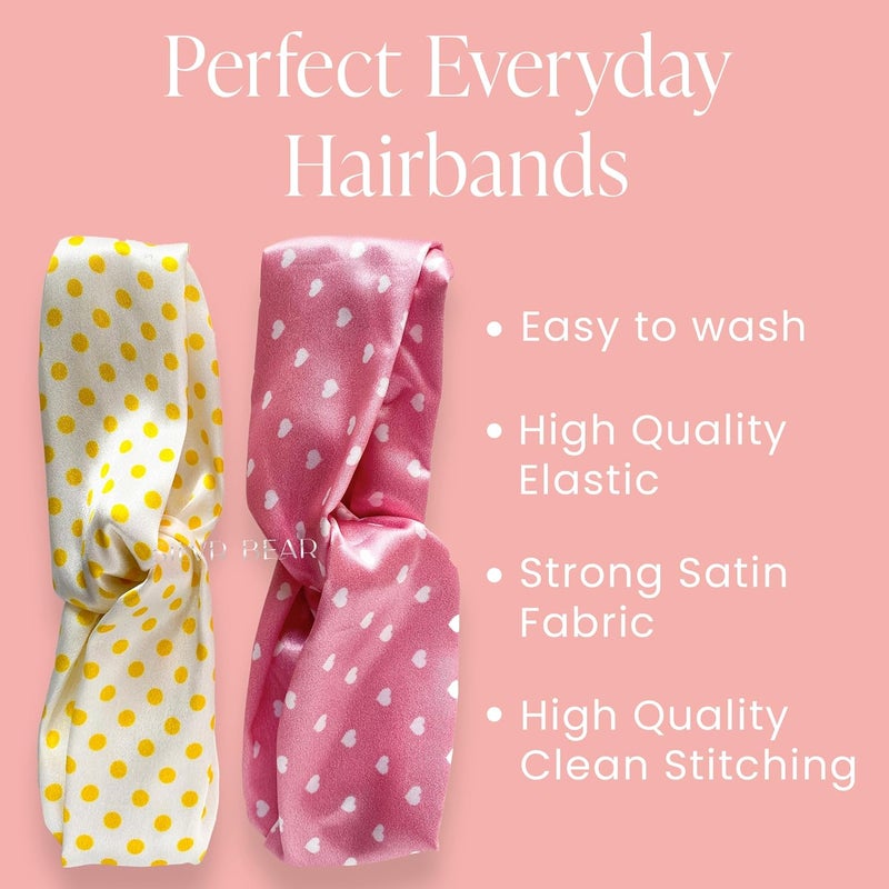 Silvr Bear Satin Hairband|Pack Of 2|Aesthetic Turban Hairband Korean Style Twisted Cross Knot Head Band| Fabric Elastic Hair Band For Women - Polka Dots Vibrant - Women & Teens, Multi Color - Image 2