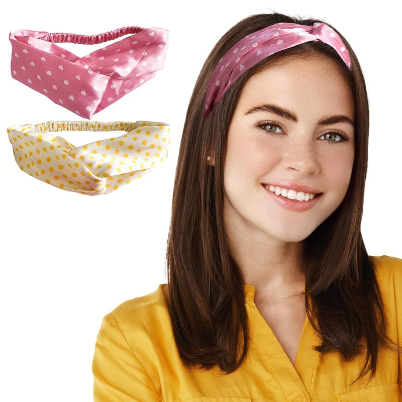 Silvr Bear Satin Hairband|Pack Of 2|Aesthetic Turban Hairband Korean Style Twisted Cross Knot Head Band| Fabric Elastic Hair Band For Women - Polka Dots Vibrant - Women & Teens, Multi Color - Image 1