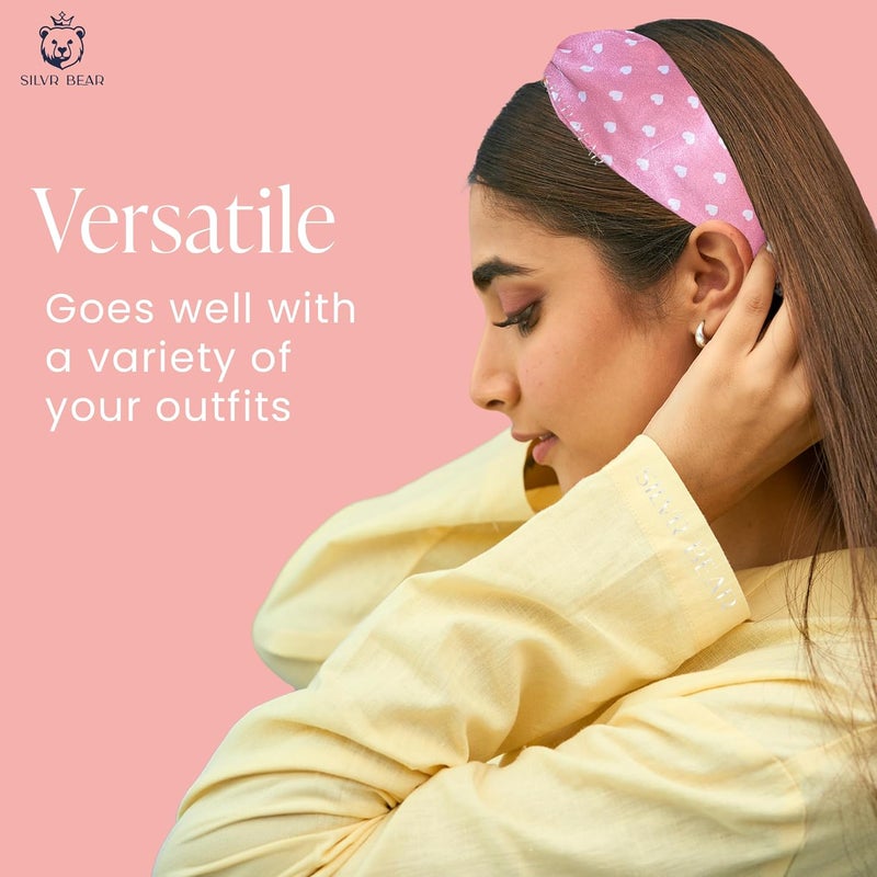 Silvr Bear Satin Hairband|Pack Of 2|Aesthetic Turban Hairband Korean Style Twisted Cross Knot Head Band| Fabric Elastic Hair Band For Women - Polka Dots Vibrant - Women & Teens, Multi Color - Image 4