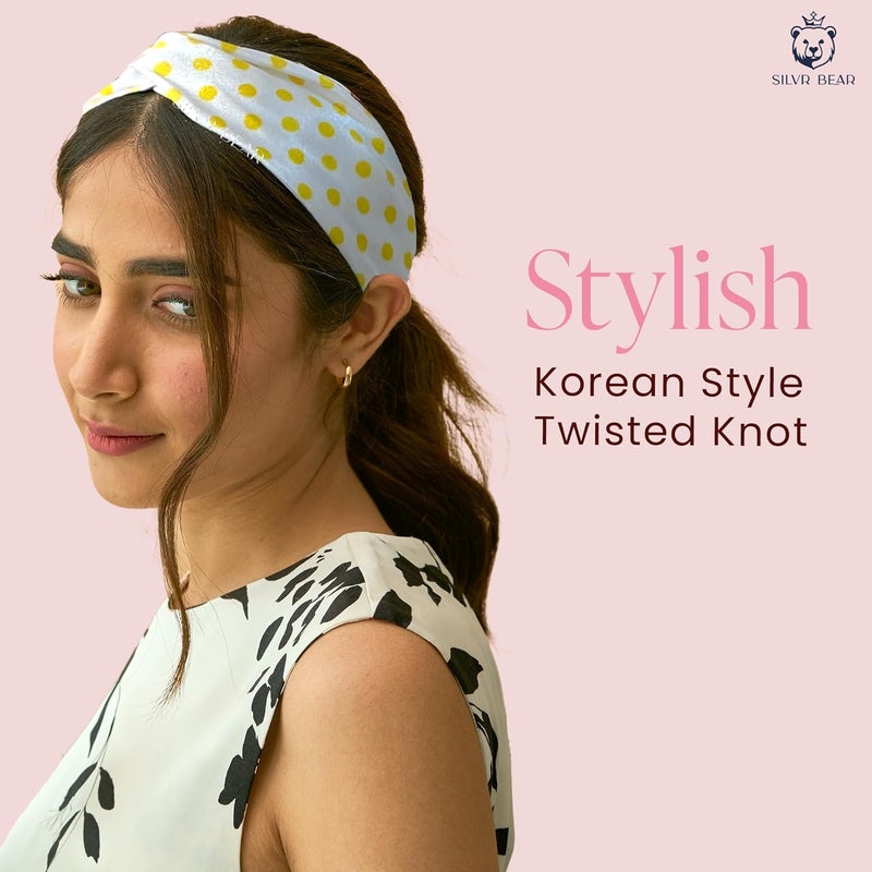 Silvr Bear Satin Hairband|Pack Of 2|Aesthetic Turban Hairband Korean Style Twisted Cross Knot Head Band| Fabric Elastic Hair Band For Women - Polka Dots Vibrant - Women & Teens, Multi Color - Image 5