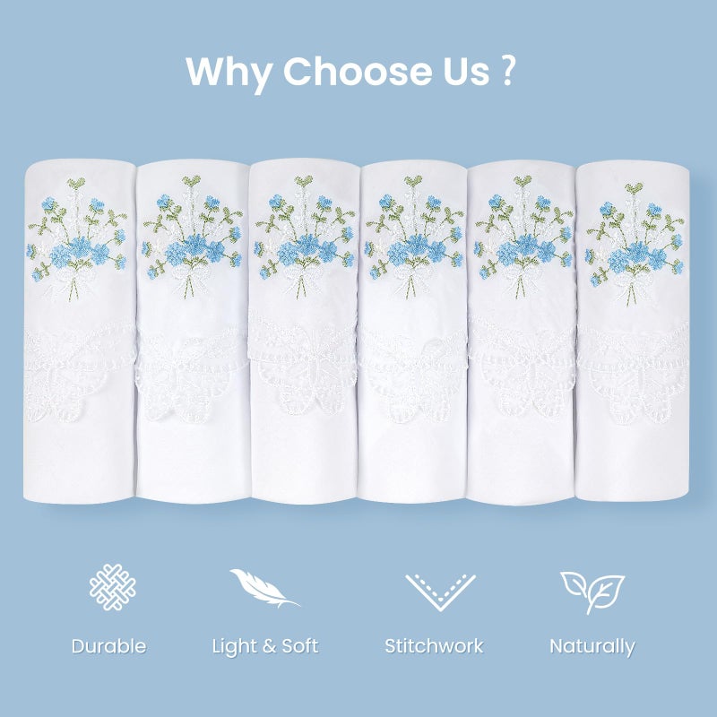 Selected Hanky Women's Cotton Handkerchiefs Flower Embroidered with Lace, Ladies Hankies 6 Pcs - Blue Floral - Image 5