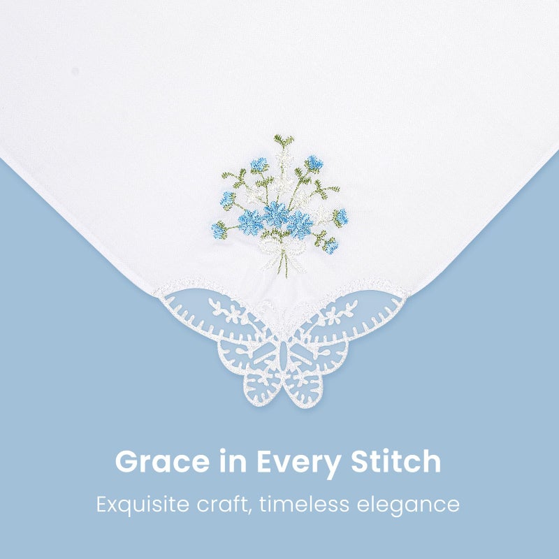 Selected Hanky Women's Cotton Handkerchiefs Flower Embroidered with Lace, Ladies Hankies 6 Pcs - Blue Floral - Image 2
