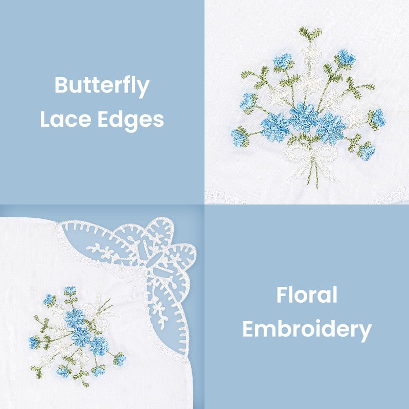 Selected Hanky Women's Cotton Handkerchiefs Flower Embroidered with Lace, Ladies Hankies 6 Pcs - Blue Floral - Image 4