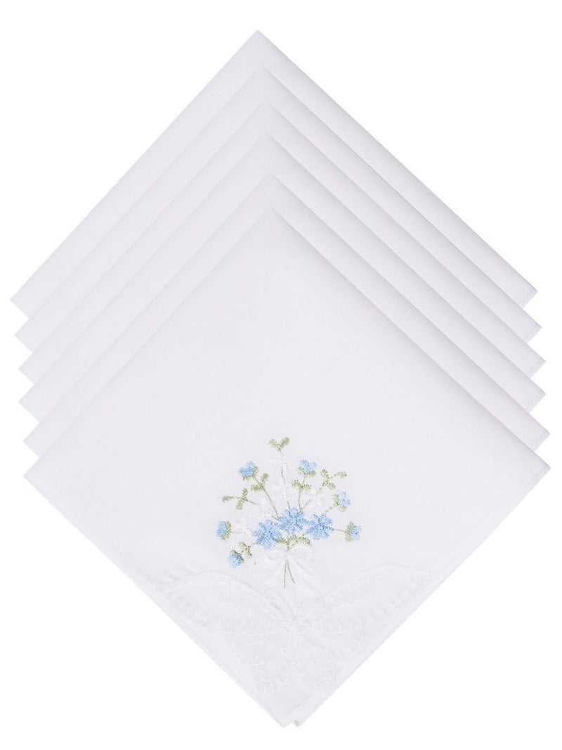 Selected Hanky Women's Cotton Handkerchiefs Flower Embroidered with Lace, Ladies Hankies 6 Pcs - Blue Floral - Image 1