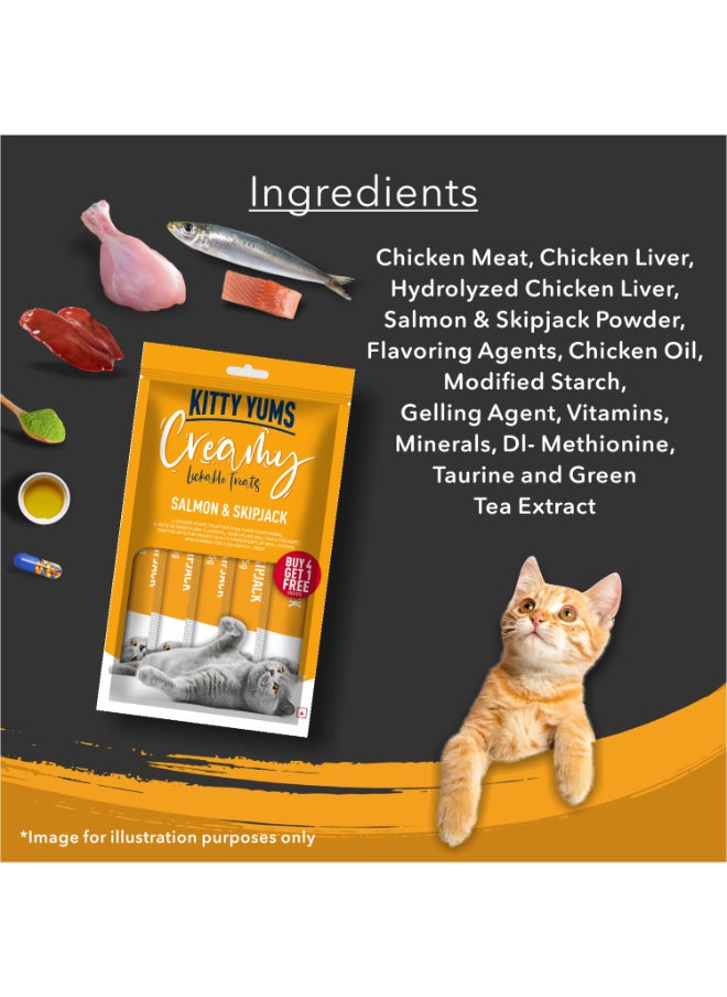 Kitty Yums - Creamy Lickable Cat Treats  Salmon & Skipjack 5 x 15g - Image 1