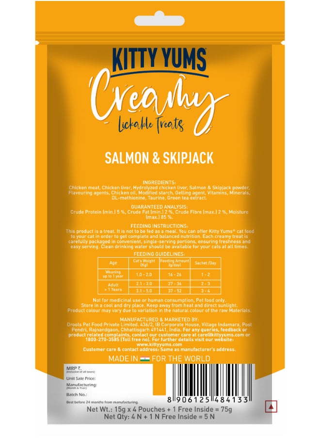 Kitty Yums - Creamy Lickable Cat Treats  Salmon & Skipjack 5 x 15g - Image 1
