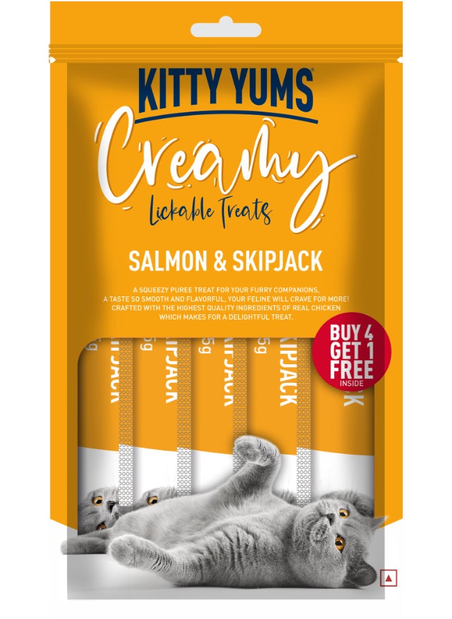 Kitty Yums - Creamy Lickable Cat Treats  Salmon & Skipjack 5 x 15g - Image 1