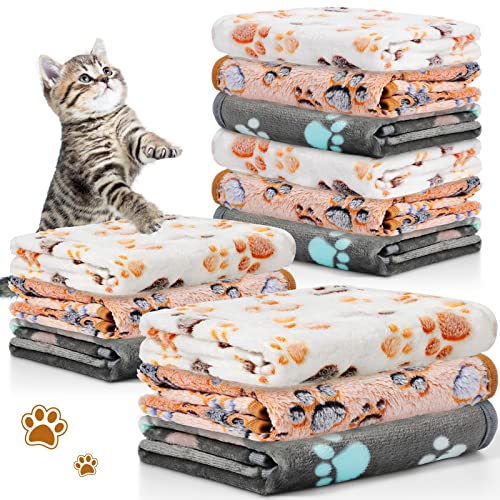 Tegeme 12 Pcs Pet Blankets Soft Fluffy Fleece Dog Cat Warm Paw Print Pattern Blankets Flannel Throw for Pets Dog Puppy Cat23 x 16 InchDark Gray White Camel