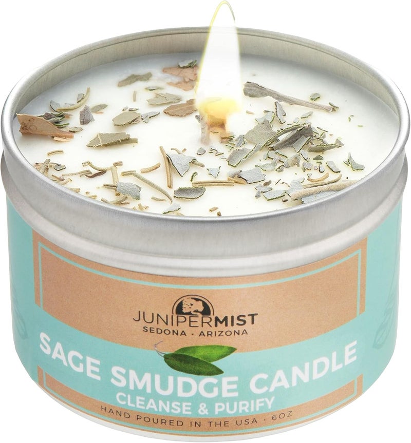 Sage Candle w/White Sage Leaf (6 Oz) - for Meditation & Cleansing Negative Energy - Made in USA with Soy Wax & Essential Oils - Smokeless Alternative to Smudge Sticks