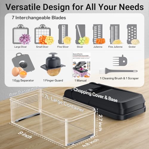 SpaceHacks 12-in-1 Vegetable Chopper, Kitchen Gadgets with 7 Blades, Veggie, Food, Onion Chopper, Cucumber Slicer, Versatile Mandoline, Includes Egg Separator & Finger Guard, Gray - Image 2