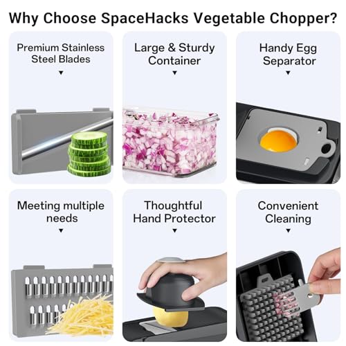 SpaceHacks 12-in-1 Vegetable Chopper, Kitchen Gadgets with 7 Blades, Veggie, Food, Onion Chopper, Cucumber Slicer, Versatile Mandoline, Includes Egg Separator & Finger Guard, Gray - Image 3