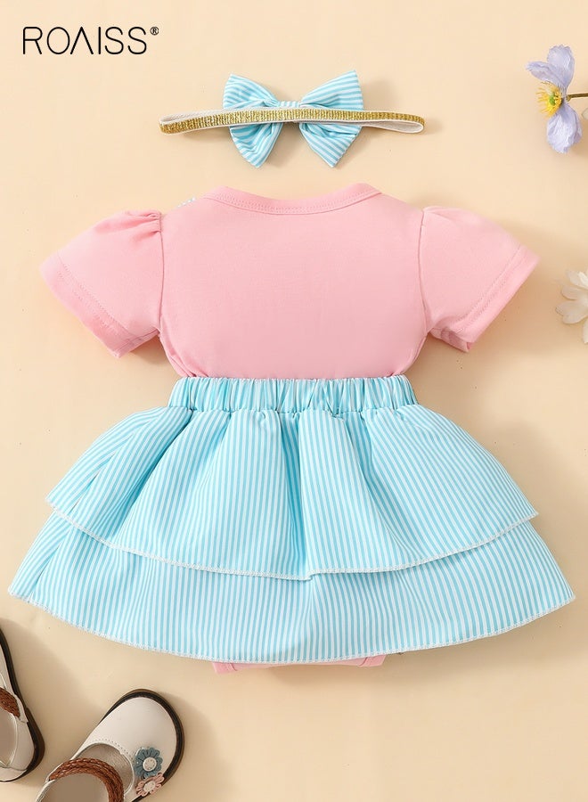 رويس مجموعة ملابس للأطفال حديثي الولادة من قطعتين، فستان قصير الأكمام بتصميم دب لطيف وإغلاق بكبس، ملابس صيفية مع عصابة رأس، بذلة مريحة من قطعة واحدة للفتيات الصغيرات - Image 3