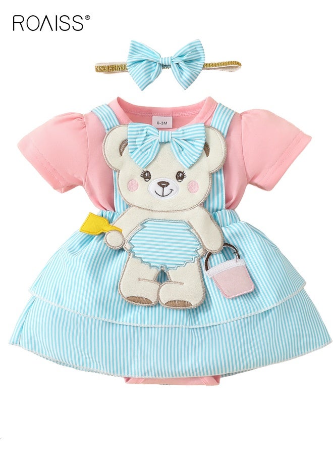 رويس مجموعة ملابس للأطفال حديثي الولادة من قطعتين، فستان قصير الأكمام بتصميم دب لطيف وإغلاق بكبس، ملابس صيفية مع عصابة رأس، بذلة مريحة من قطعة واحدة للفتيات الصغيرات - Image 1