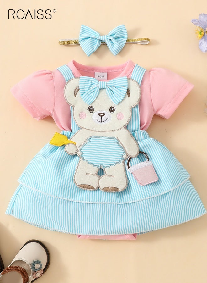 رويس مجموعة ملابس للأطفال حديثي الولادة من قطعتين، فستان قصير الأكمام بتصميم دب لطيف وإغلاق بكبس، ملابس صيفية مع عصابة رأس، بذلة مريحة من قطعة واحدة للفتيات الصغيرات - Image 2