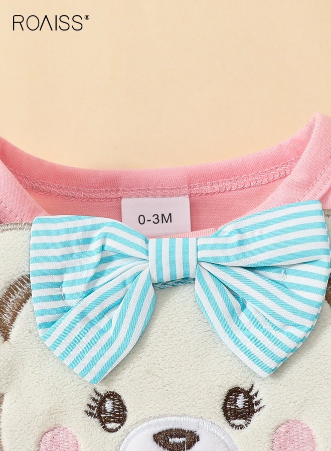 رويس مجموعة ملابس للأطفال حديثي الولادة من قطعتين، فستان قصير الأكمام بتصميم دب لطيف وإغلاق بكبس، ملابس صيفية مع عصابة رأس، بذلة مريحة من قطعة واحدة للفتيات الصغيرات - Image 5