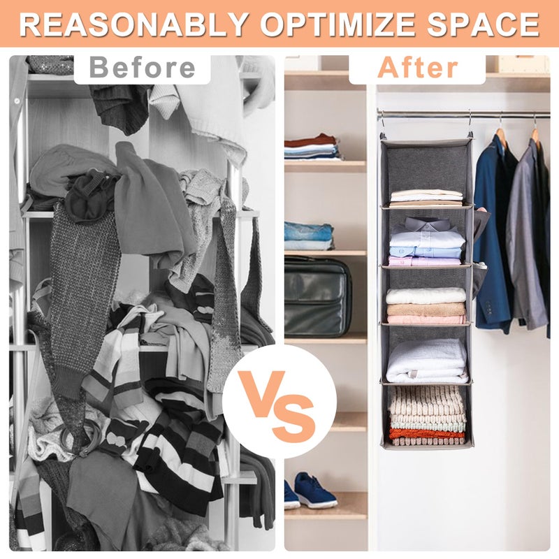 BOOMIBOO Hanging Closet Organize and Shelvesï¼Œ5-Hanging Shelf with 2 Side Pocketsï¼ŒStorage Foldable ï¼ˆLight Greyï¼‰ - Image 5