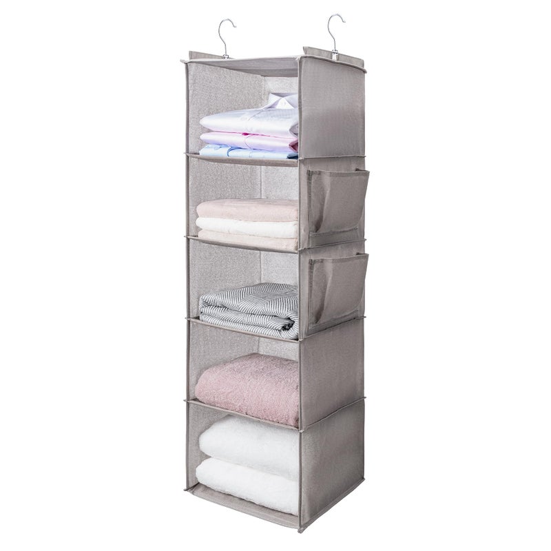 BOOMIBOO Hanging Closet Organize and Shelvesï¼Œ5-Hanging Shelf with 2 Side Pocketsï¼ŒStorage Foldable ï¼ˆLight Greyï¼‰ - Image 1