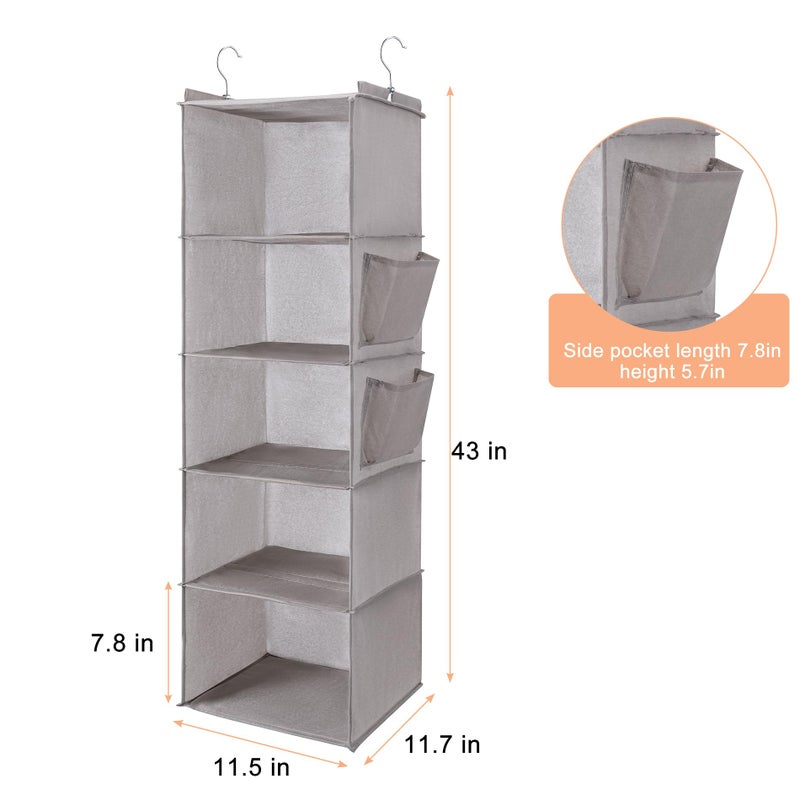 BOOMIBOO Hanging Closet Organize and Shelvesï¼Œ5-Hanging Shelf with 2 Side Pocketsï¼ŒStorage Foldable ï¼ˆLight Greyï¼‰ - Image 2