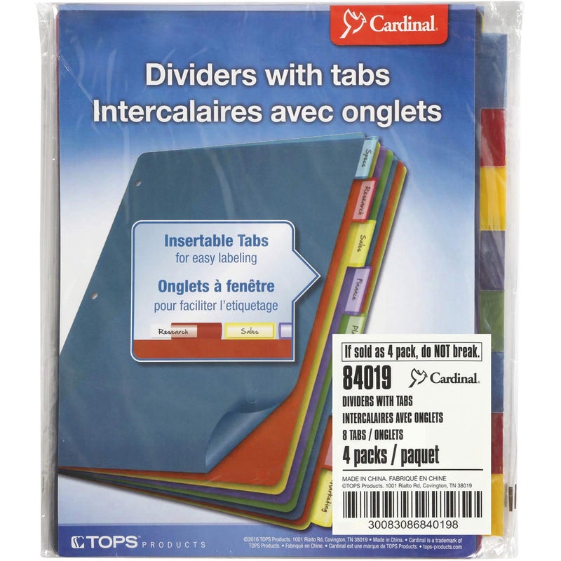 Cardinal Plastic Binder Dividers without Pockets, 8-Tab, Insertable Multicolor Tabs, Letter Size, 1 Set (84019), 8-1/2 x 11 - Image 1
