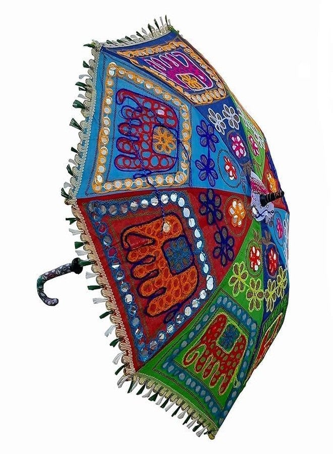 VRCT 5 Multicolor Rajasthani Handmade Embroidery Sun Protection Umbrella Walking Stick Parasol for Wedding & Party Decoration - Image 2