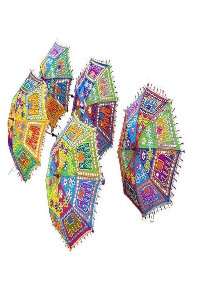 VRCT 5 Multicolor Rajasthani Handmade Embroidery Sun Protection Umbrella Walking Stick Parasol for Wedding & Party Decoration - Image 1