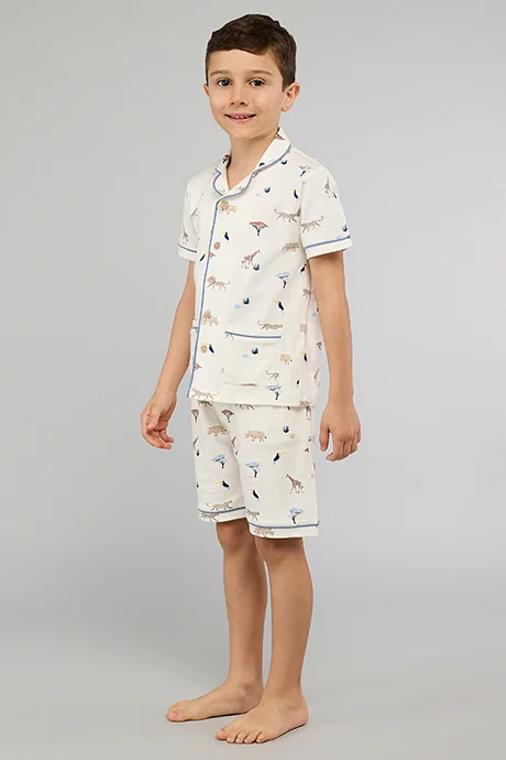 أر أند بي Printed Lapel Collar Shorts Pyjama Set