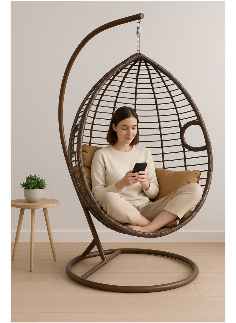 KARNAK Brown Rattan Hanging Egg Chair with Stand – Indoor & Outdoor Swing Chair with Cushions (Random Cushion Color)  - Image 3