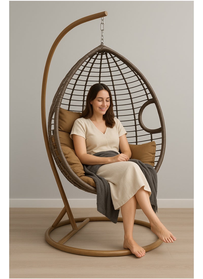 KARNAK Brown Rattan Hanging Egg Chair with Stand – Indoor & Outdoor Swing Chair with Cushions (Random Cushion Color)  - Image 2
