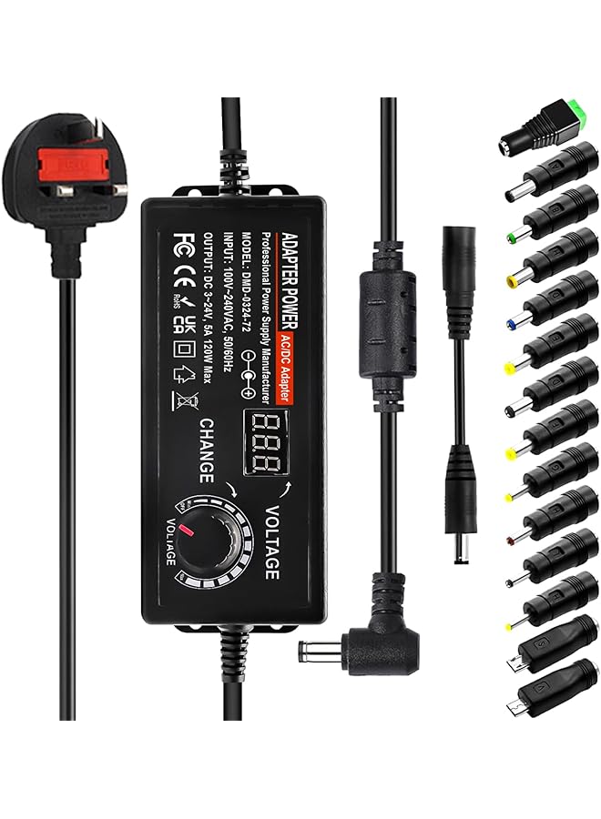 PROMASS محول طاقة عالمي من برومس قابل للتعديل DC 3V ~ 24V محول طاقة متغير AC 100V-240V إلى DC 24V 5A 120W مع 14 قابس مختلف ومحول قطبية - 5000mA كحد أقصى - Image 1