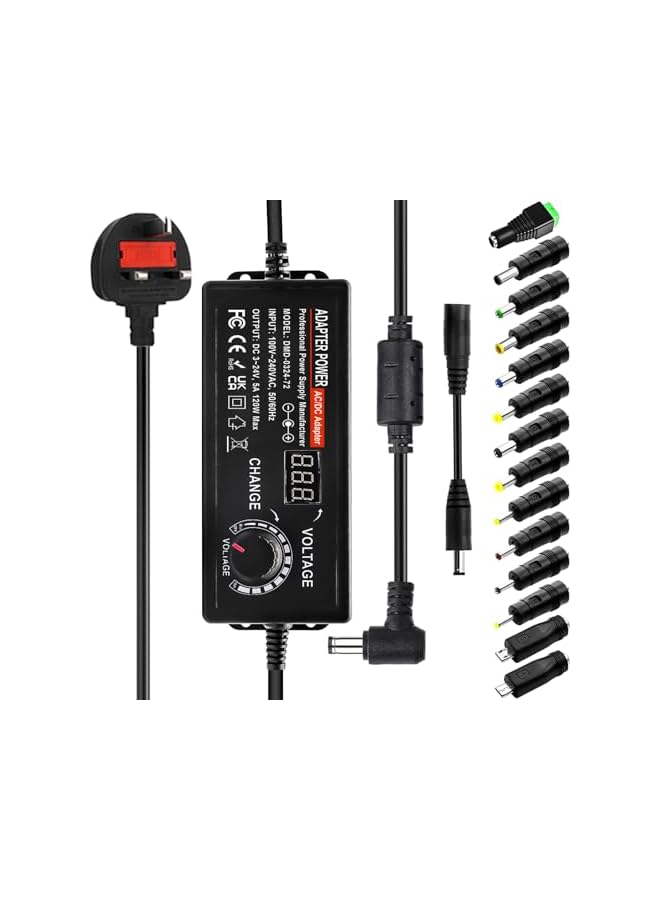 PROMASS محول طاقة عالمي من برومس قابل للتعديل DC 3V ~ 24V محول طاقة متغير AC 100V-240V إلى DC 24V 5A 120W مع 14 قابس مختلف ومحول قطبية - 5000mA كحد أقصى - Image 2