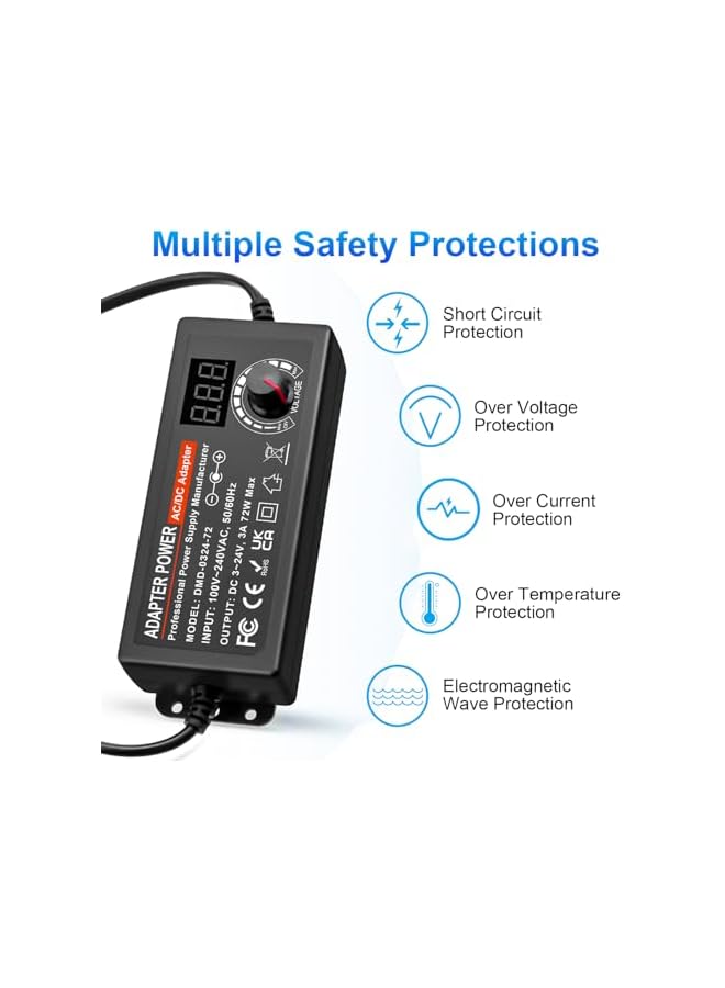 PROMASS محول طاقة عالمي من برومس قابل للتعديل DC 3V ~ 24V محول طاقة متغير AC 100V-240V إلى DC 24V 5A 120W مع 14 قابس مختلف ومحول قطبية - 5000mA كحد أقصى - Image 3