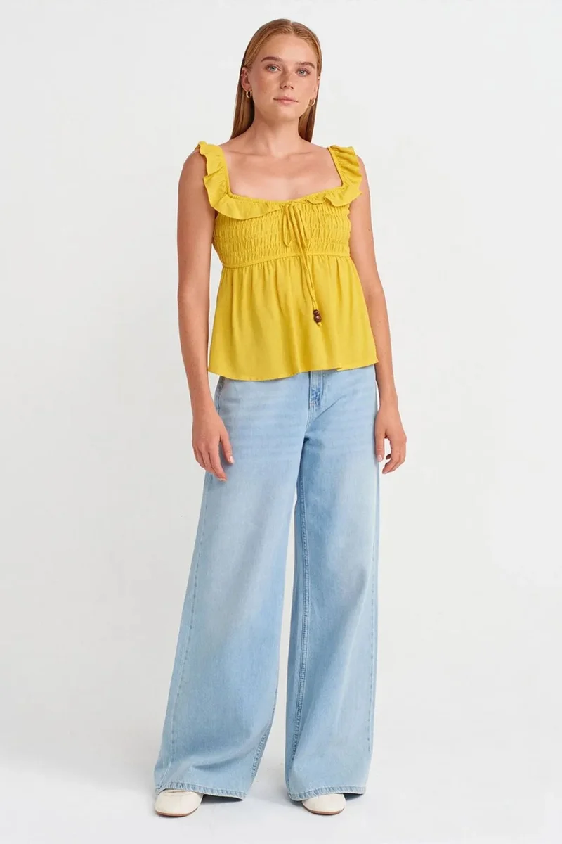 Dilvin Lemon Yellow DILVIN Sleeveless Square-neck Blouse With Tie Front for Women | Best Price UAE