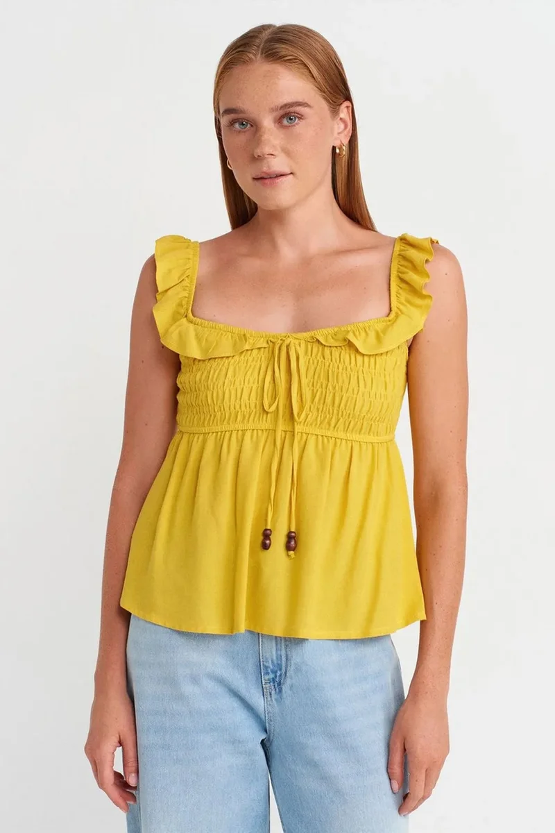 DILVIN Sleeveless Square-neck Blouse With Tie Front
