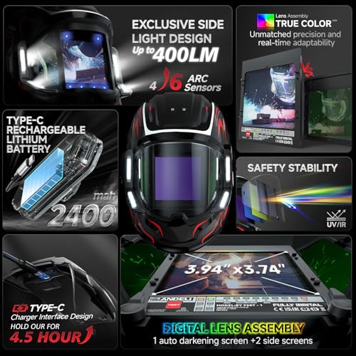 ANDELI Welding Helmet with 4 LED Light 180 Panoramic 6 Arc Sensor True Color Auto Darkening Welding Hood with Internal Display 2400mAh Rechargeable Battery for TIGMIGCutGrind MONERRC LED PRO - Image 3