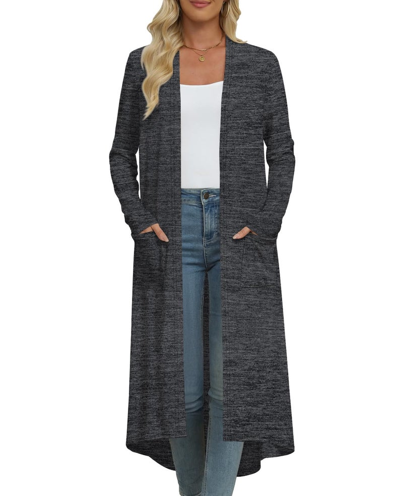 DB MOON Womens Long Cardigan Fall Lightweight Long Sleeve Sweater Light Weight Winter Open Front Sweaters with Pockets M, Dark Gray - Image 3