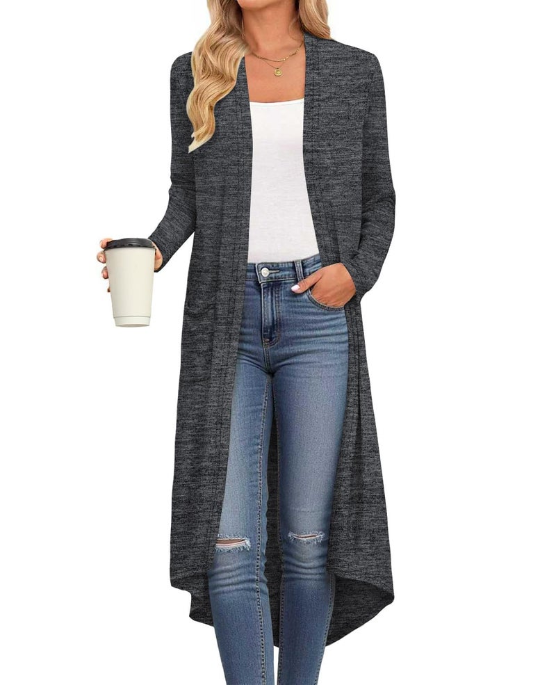 DB MOON Womens Long Cardigan Fall Lightweight Long Sleeve Sweater Light Weight Winter Open Front Sweaters with Pockets M, Dark Gray - Image 1