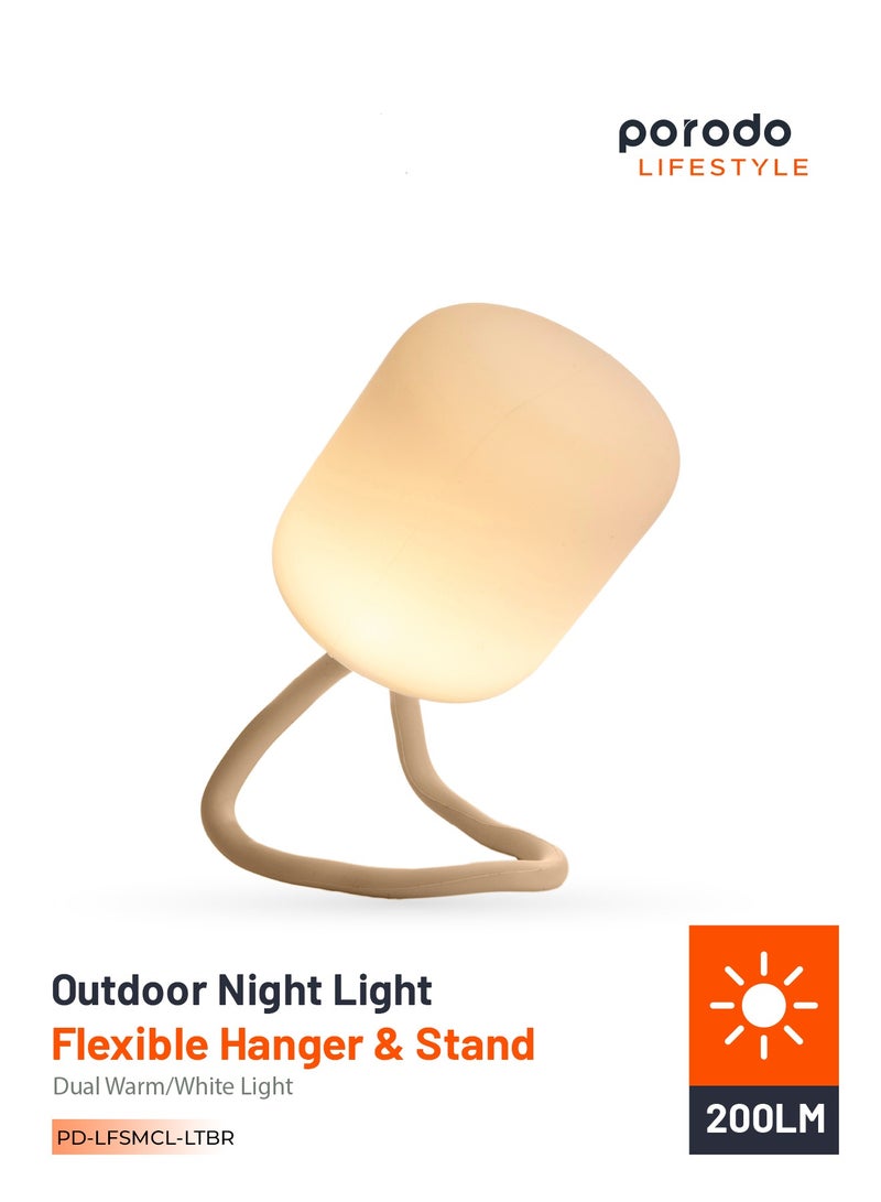 porodo Lifestyle Soft Silicon Mini Camping Lamp 200LM / Dual Warm / White Light / Weather Resistant / Easy To Mount / Ergonomic Desing / Silicone Handel / Working Time 4H - Brown - Image 1