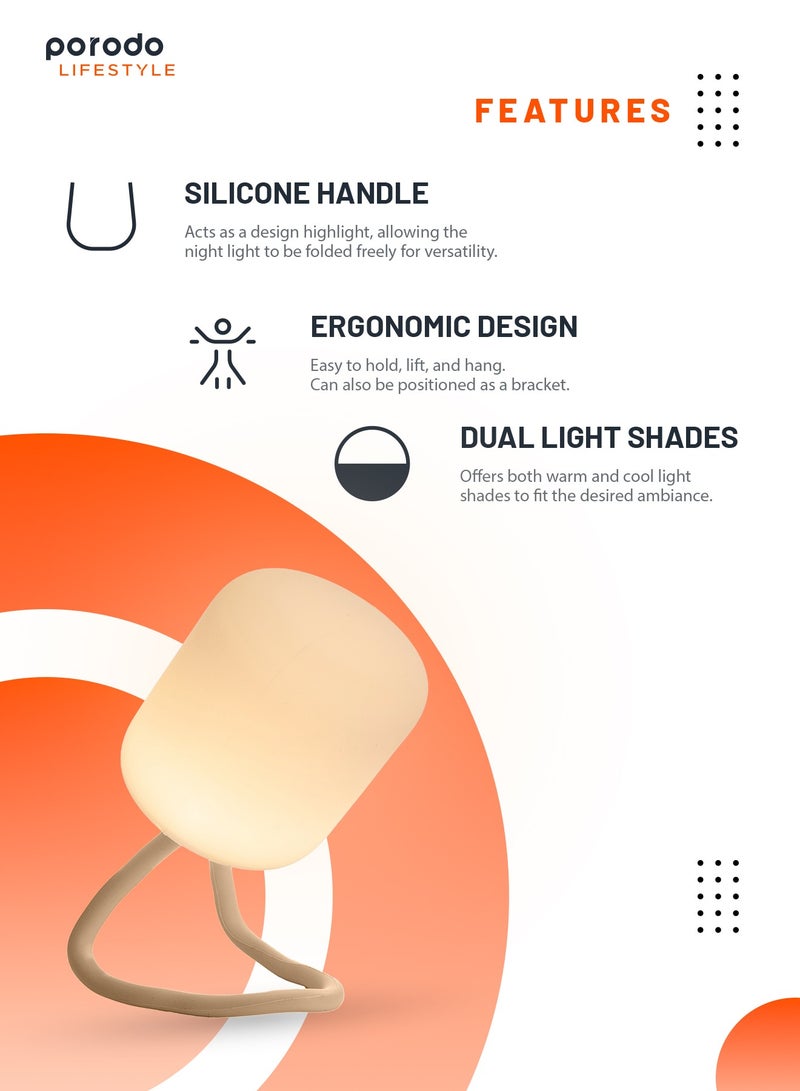 porodo Lifestyle Soft Silicon Mini Camping Lamp 200LM / Dual Warm / White Light / Weather Resistant / Easy To Mount / Ergonomic Desing / Silicone Handel / Working Time 4H - Brown - Image 2