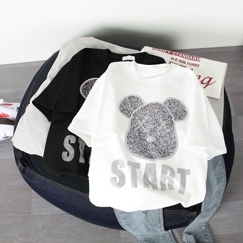 Korean Style Ins Rhinestone Bear Letters Western Style Plus Size Women'S Mid-Length Loose Short Sleeve T-Shirt For Women - Image 2