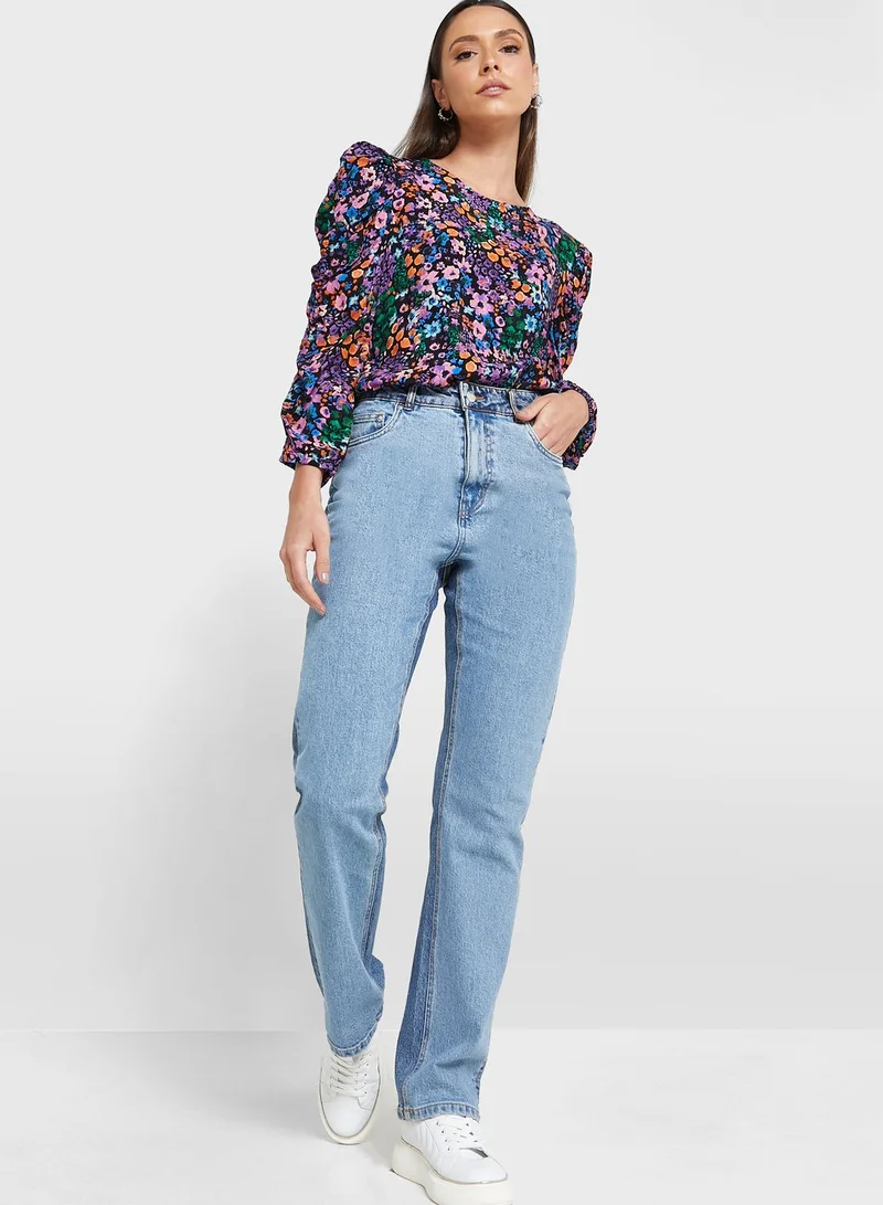 Jacqueline de Yong Puff Sleeve Floral Print Top