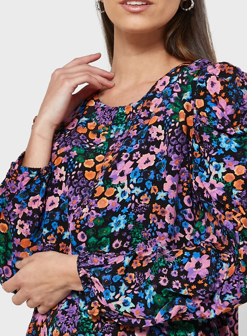 Jacqueline de Yong Puff Sleeve Floral Print Top