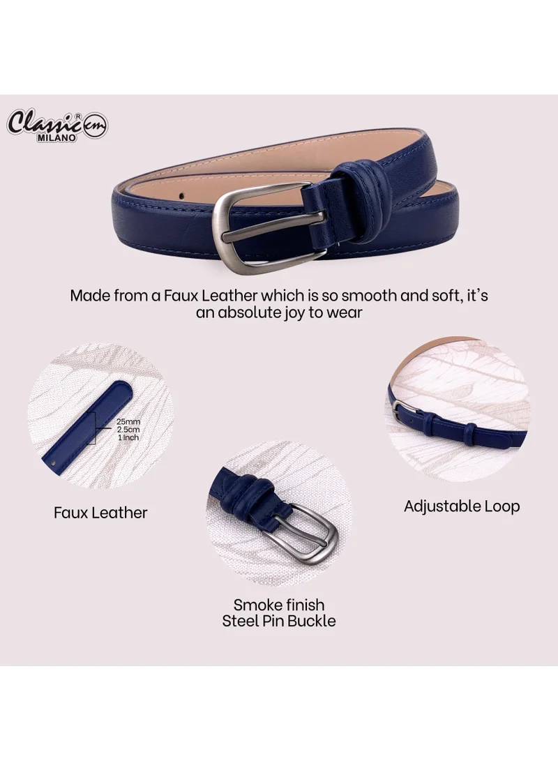 Classic Milano Blue (SGPU28) Classic Milano Women's Belt with Gift Box; Faux Leather Ladies Belt for Dresses, Jeans & Gowns; Stylish Womens Belt; Adjustable Girls Belt; Belt for Women | Full Length: 110 CM (Free Size - Fits up to the waist of 40 Inches / 100 CM) for Women | Best Price UAE