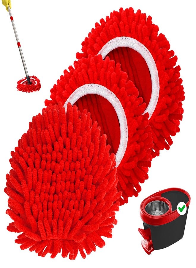 Baderke 3 Pack Chenille Mop Heads Replacements Compatible with O-Cedar Easy Wring 1 Tank System Chenille Duster Replacement Heads Reusable Spin Mop Pad Washable Dust Refills for Floor Cleaning(Red)
