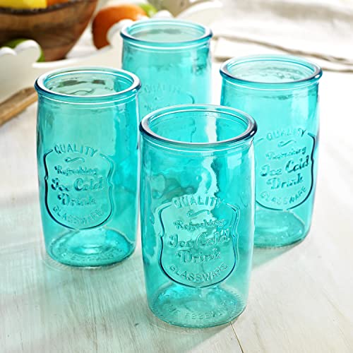 Glaver's Highball Glasses Set of 4 – 20oz Artistic Ice-Cold Pretty Blue – Vintage Glassware with Embossed Logo – Beverage Drinking Glasses for Water, Juice, Cocktails. Hand Wash. - Image 4
